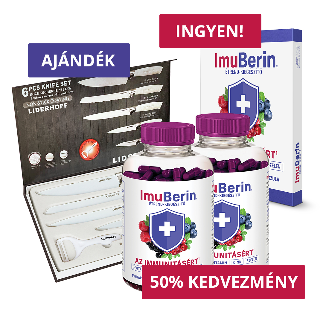 Natural Pharmaceuticals Imuberin® Imuberin® étrend-kiegészítő kapszulák 50% kedvezménnyel, ajándék konyhakés készlettel és ingyenes termékkel.