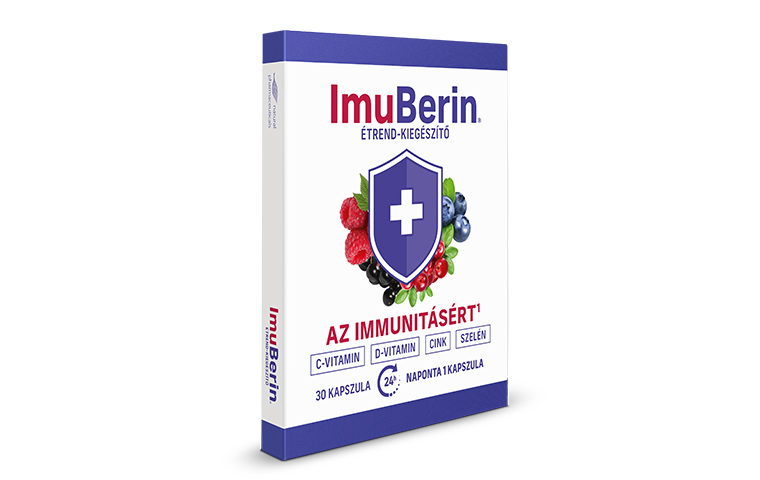 Natural Pharmaceuticals Imuberin® Imuberin® étrend-kiegészítő doboza C- és D-vitaminnal, cinkkel, szelénnel az immunitás támogatására, 30 kapszulával.
