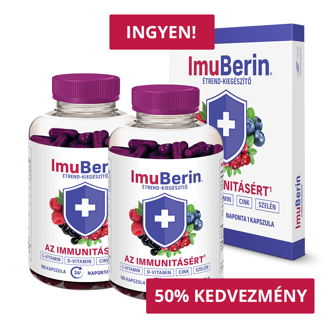 Natural Pharmaceuticals Imuberin® Imuberin® étrend-kiegészítő kapszulák immunerősítő C-, D-vitamin, cink és szelén tartalommal, 50% kedvezménnyel.